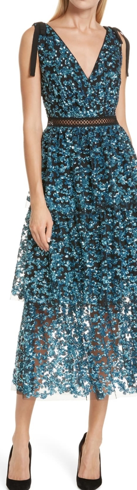Self Portrait Blue Tiered Sequined Midi Dress